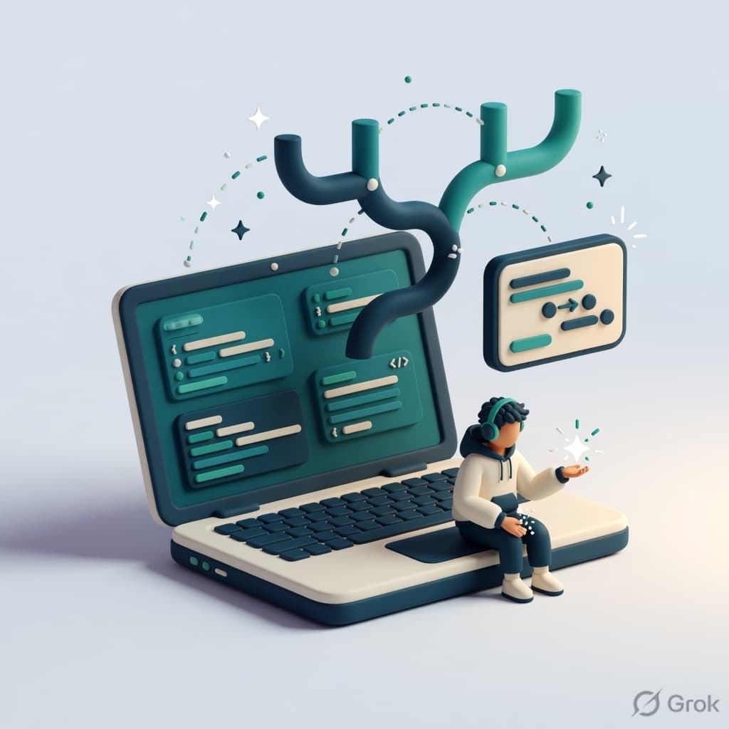 Developer sitting on a laptop with floating git branches and pull requests