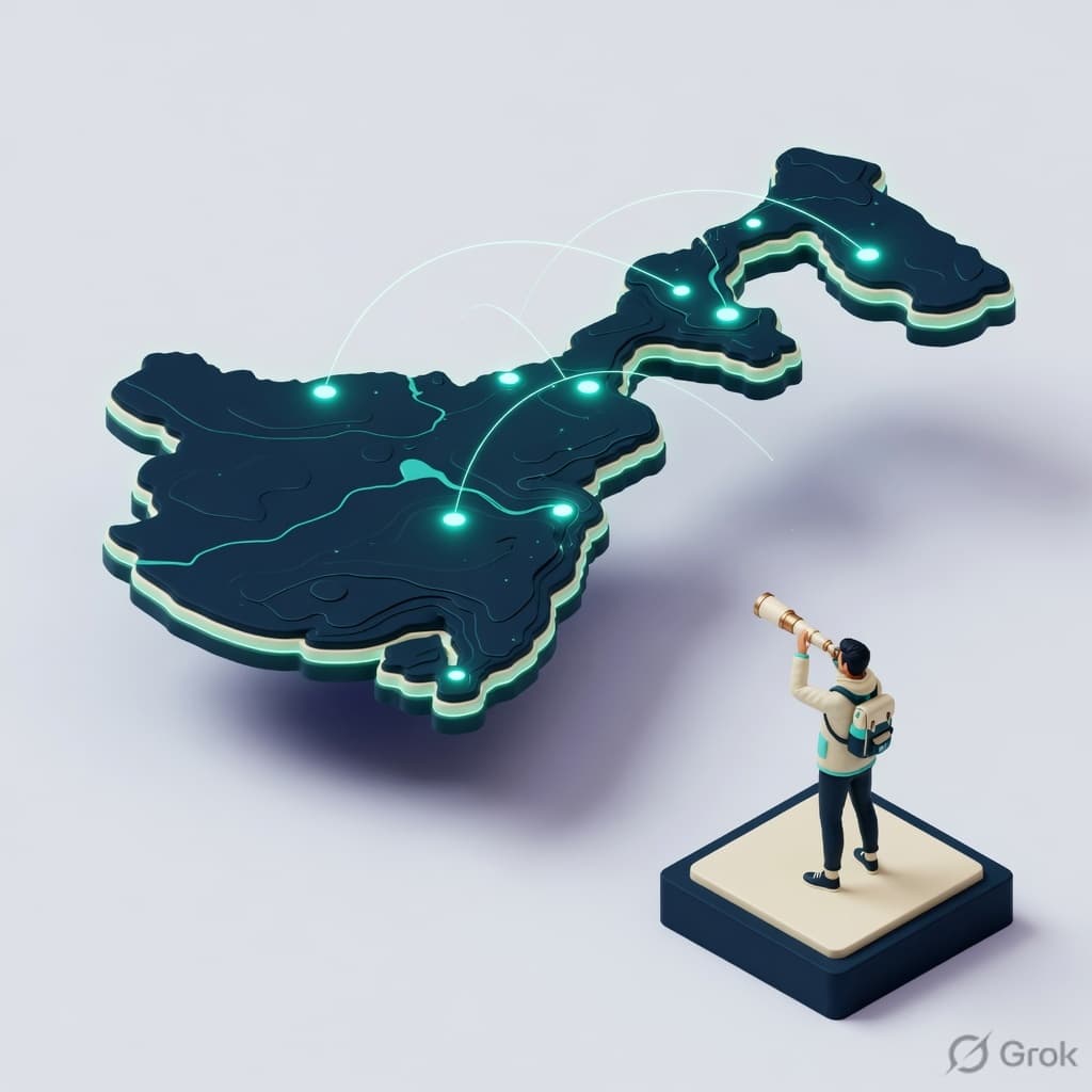 Explorer with a telescope studying a glowing map of connected tech hubs